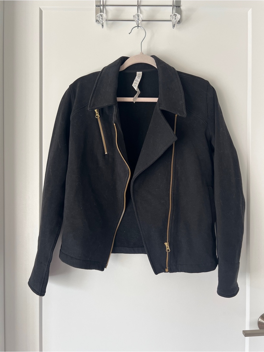 lululemon athletica Black Moto-Style Leather Jacket with Gold Zippers